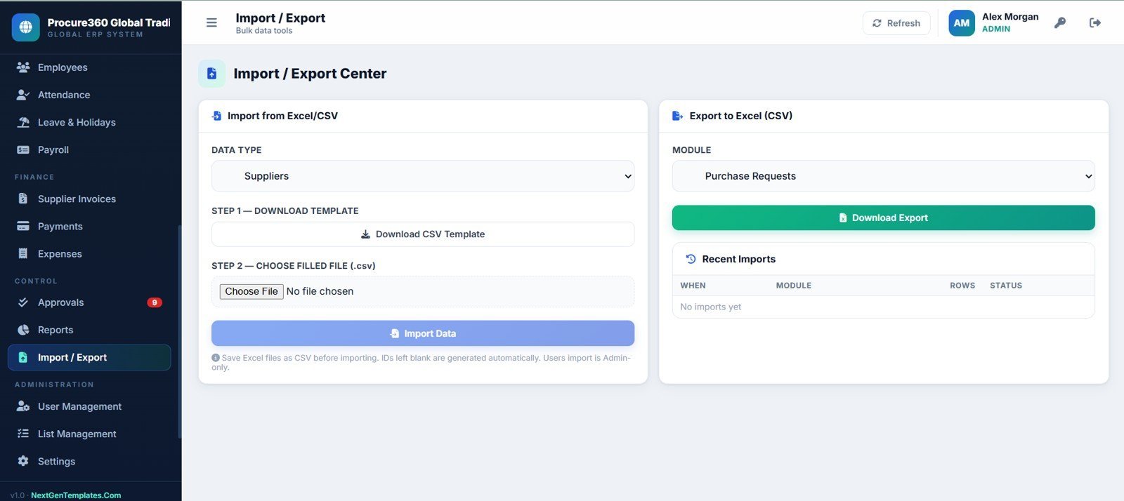 Procure360 import and export center page