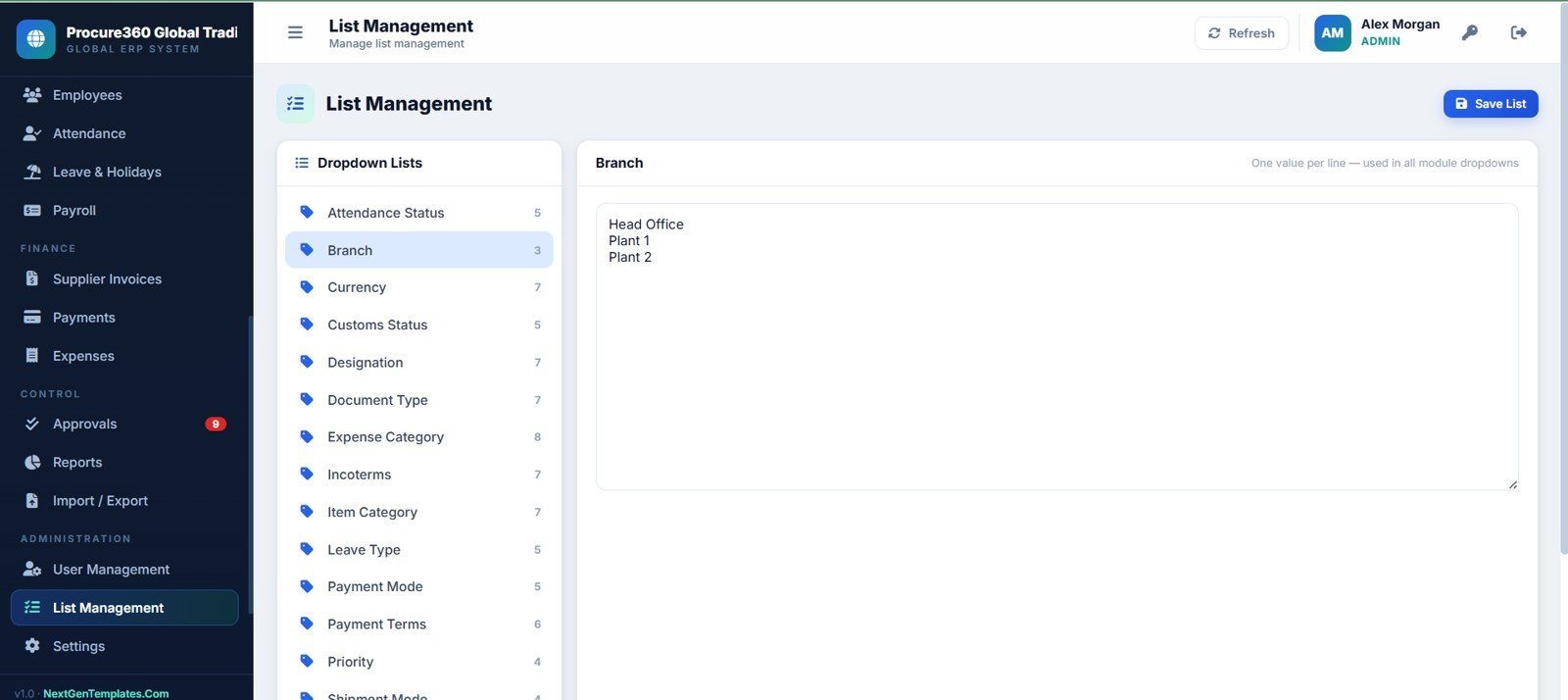 Procure360 list management page