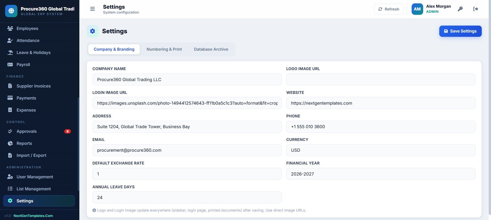 Procure360 settings page