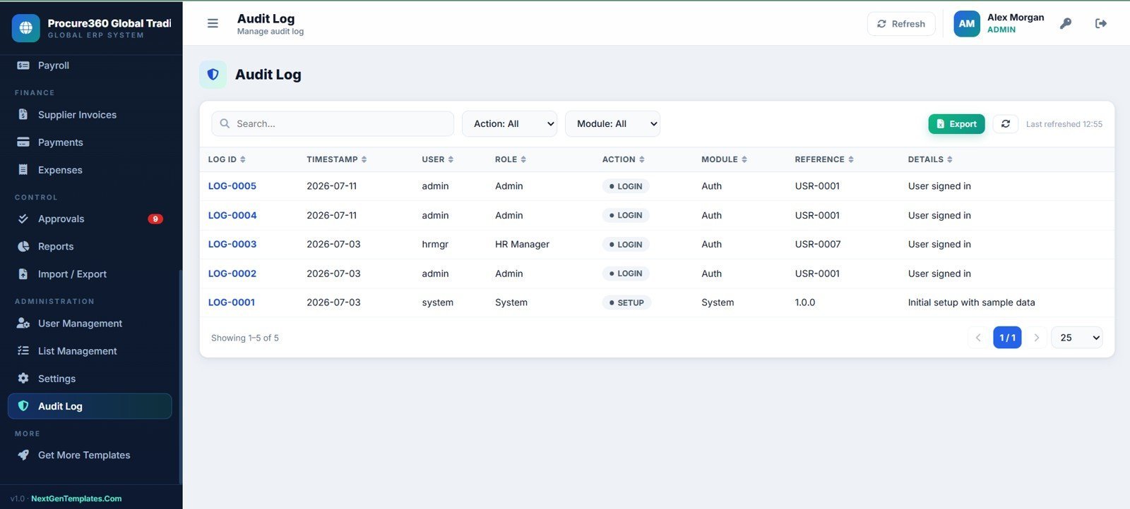 Procure360 audit log page