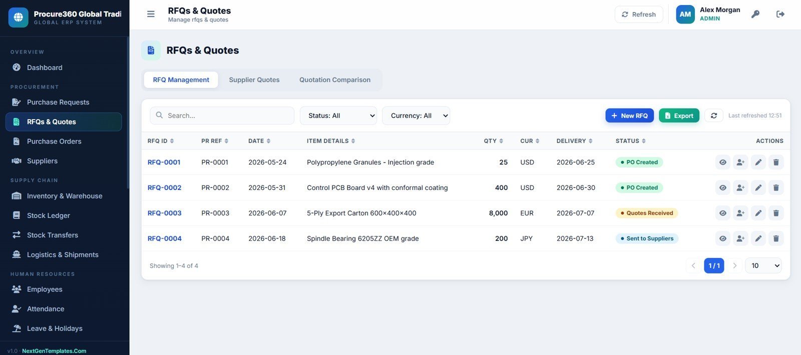 Procure360 RFQs and supplier quotes page