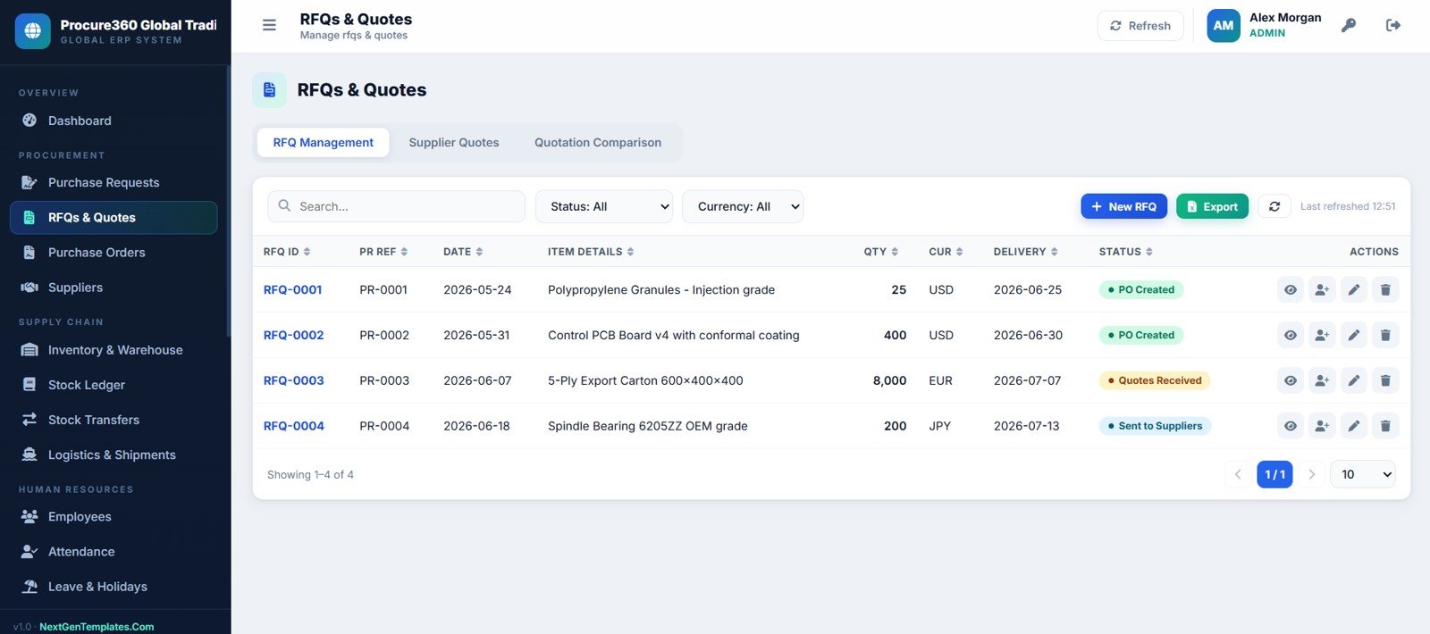 Procure360 RFQ and supplier quotes page