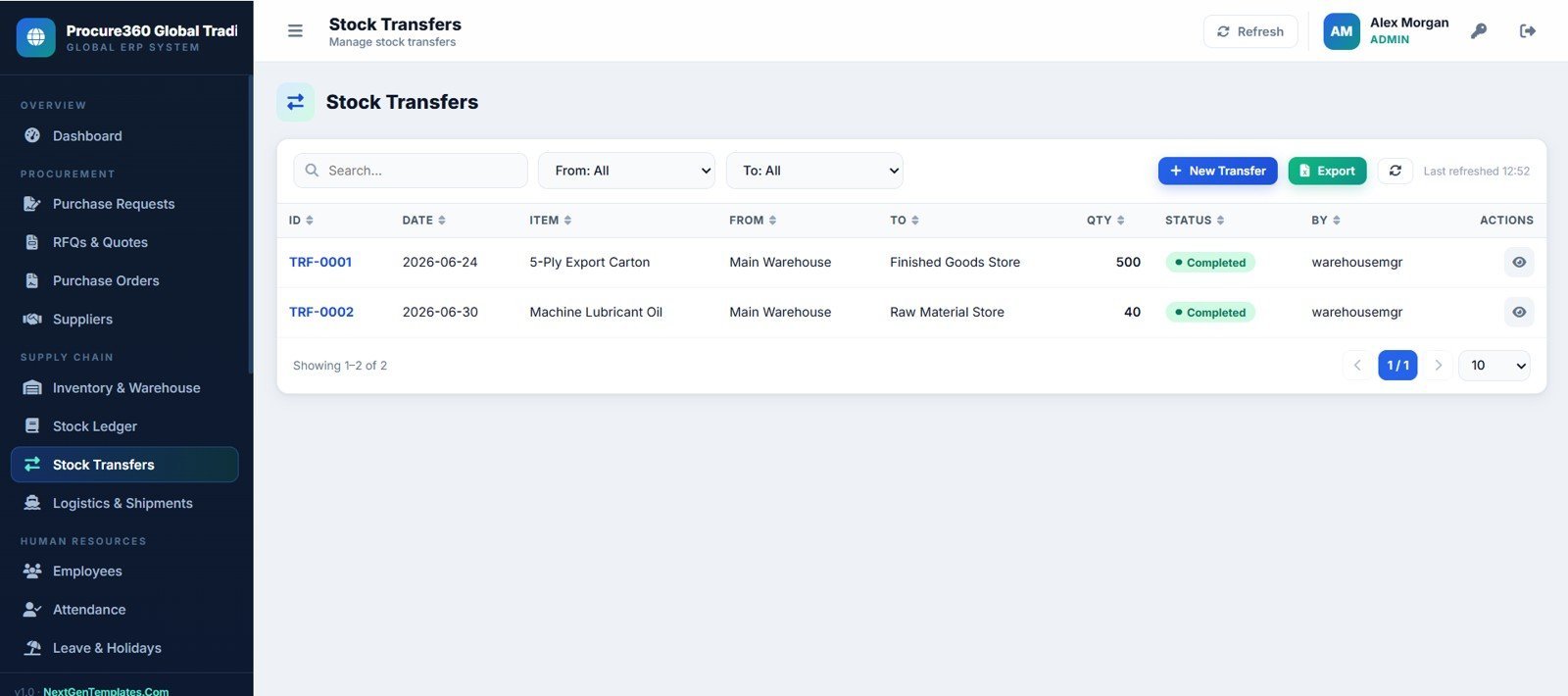 Procure360 stock transfers page