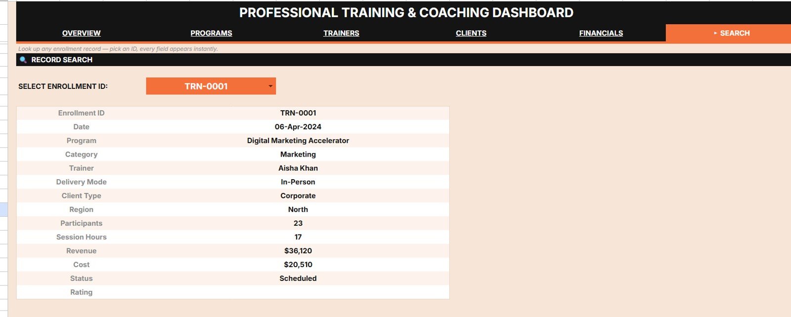Professional Training and Coaching Dashboard in Google Sheets - Search Sheet tab