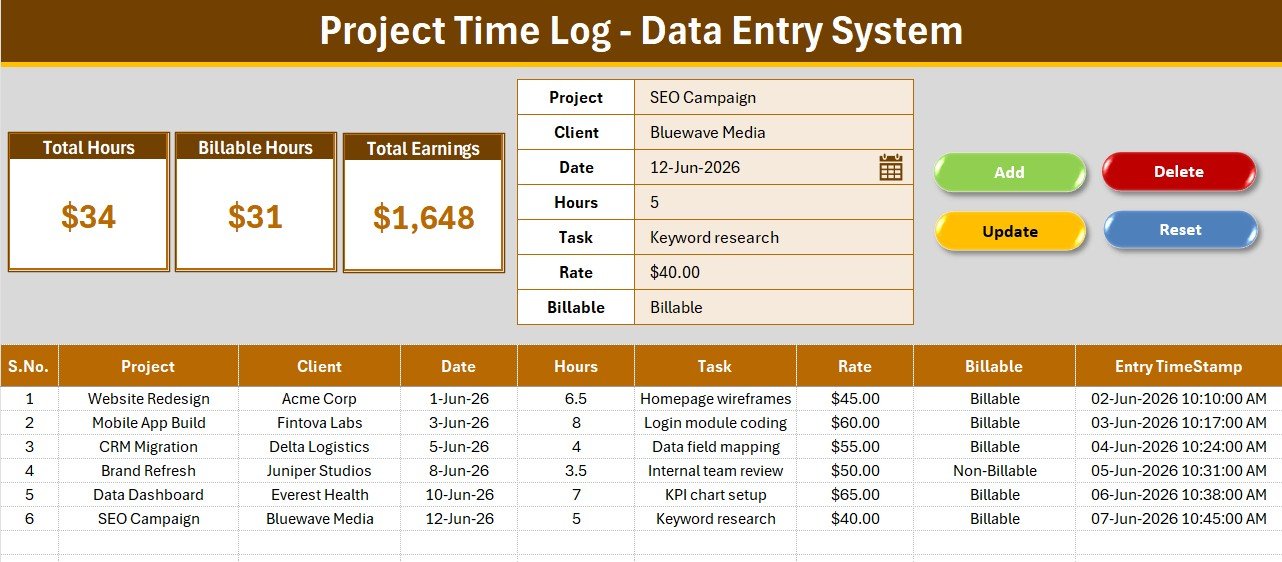 Project Time Log Data Entry System in Excel