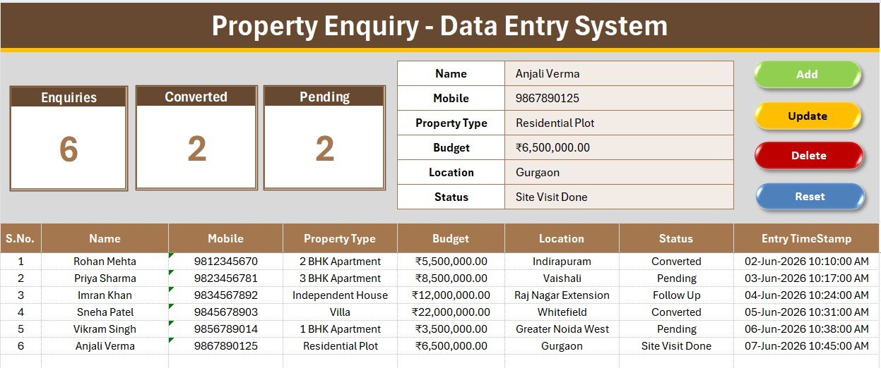 Property Enquiry Data Entry System in Excel