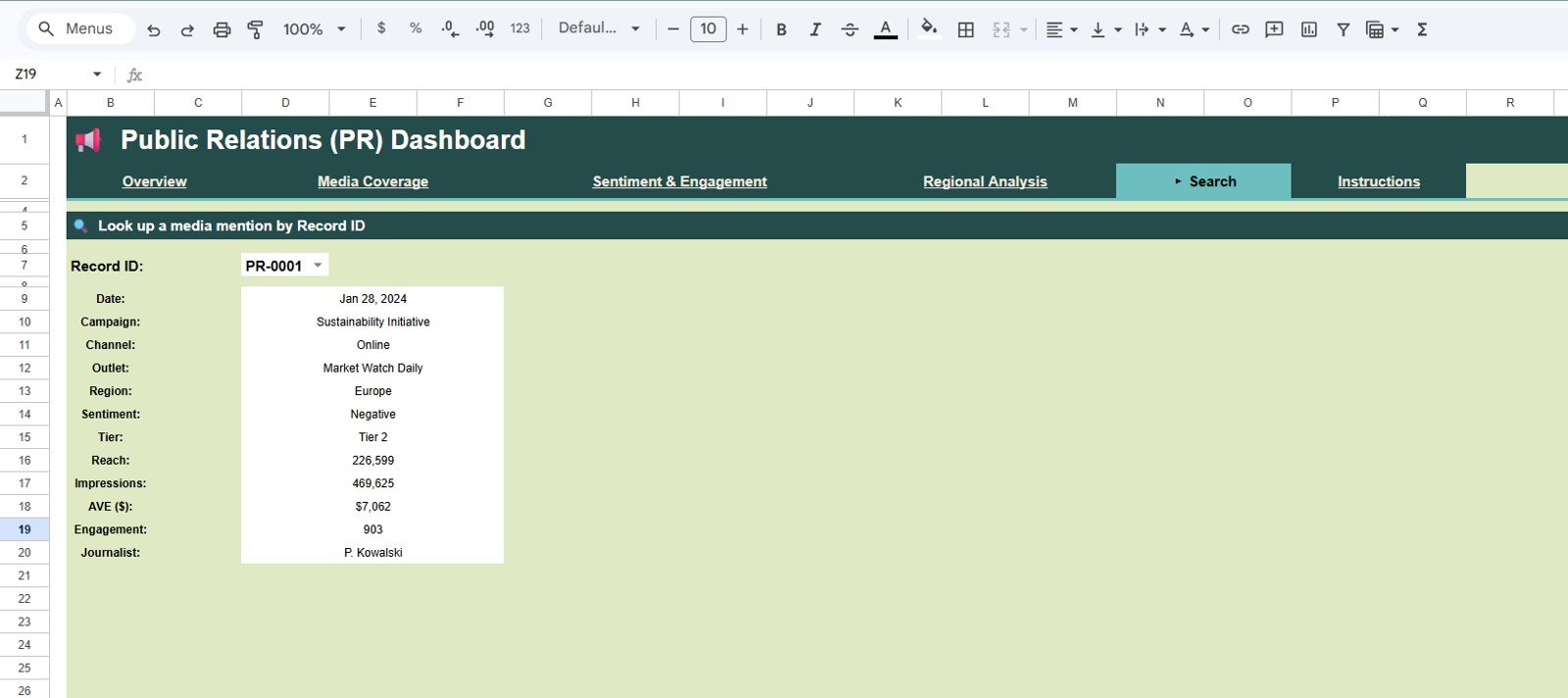Search sheet tab in Public Relations PR Dashboard