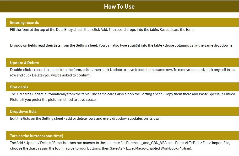 Purchase and GRN Data Entry System in Excel - settings and Type dropdown