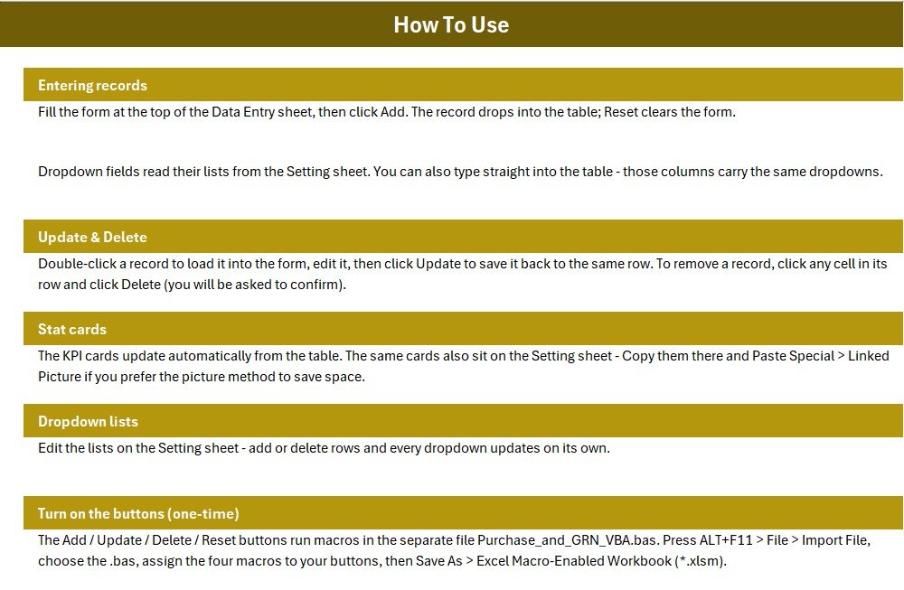 Purchase and GRN Data Entry System in Excel - settings and Type dropdown