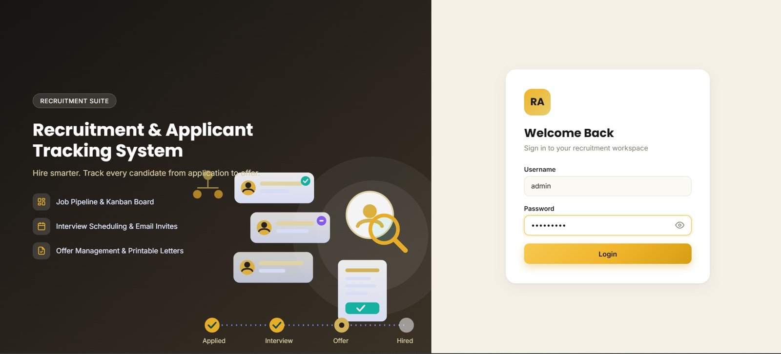 Recruitment Applicant Tracking System Web App login page