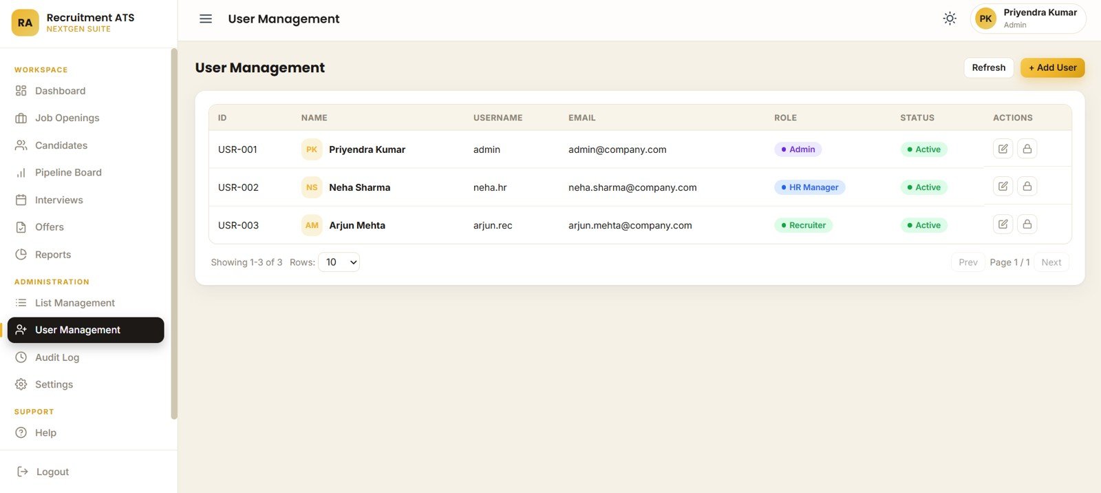 User management page in Recruitment Applicant Tracking System Web App