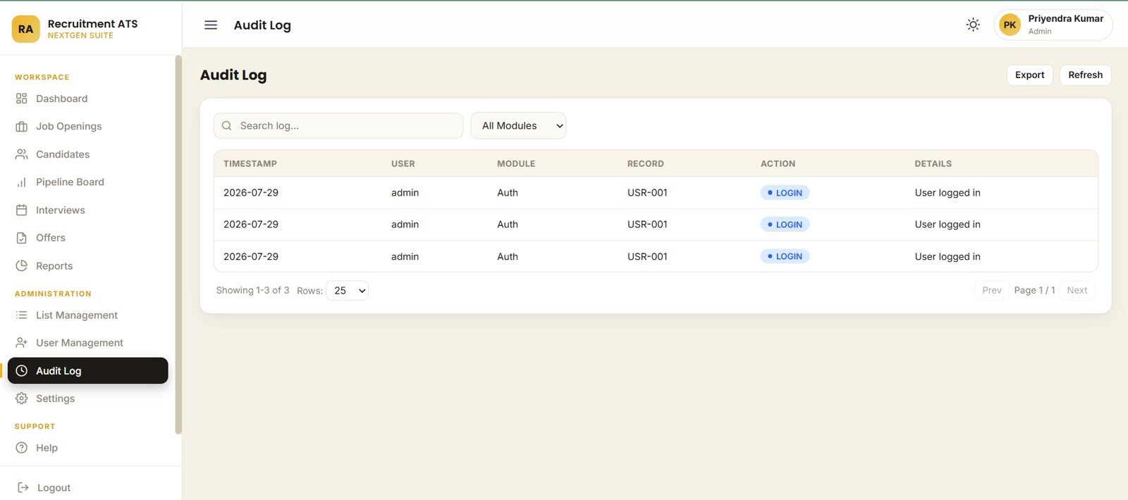 Audit log page in Recruitment Applicant Tracking System Web App