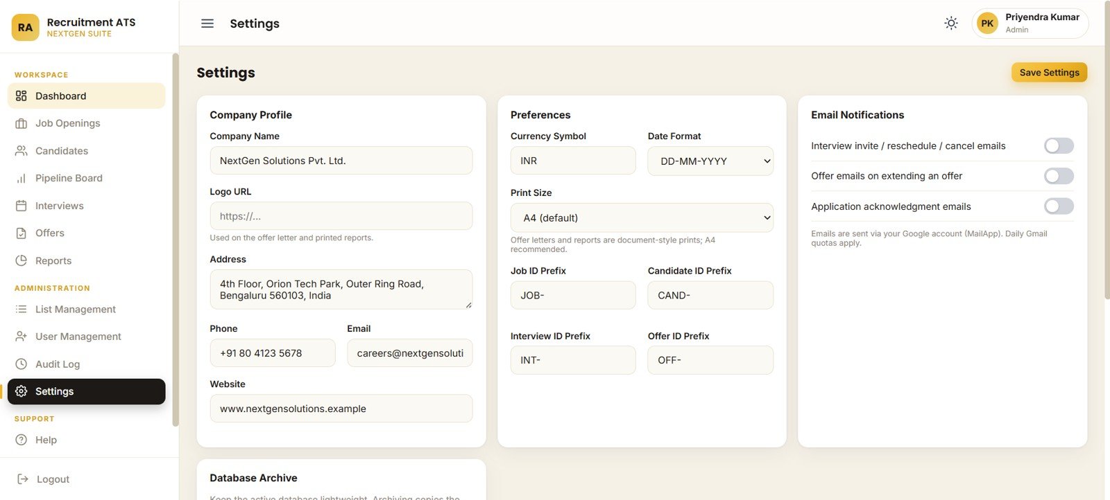 Settings page in Recruitment Applicant Tracking System Web App