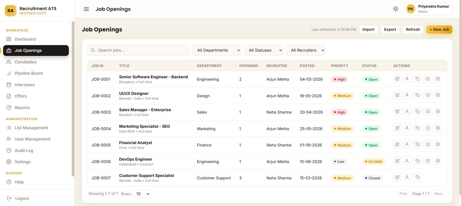 Job openings page in Recruitment Applicant Tracking System Web App