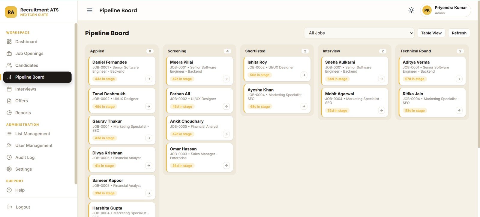 Pipeline board page in Recruitment Applicant Tracking System Web App