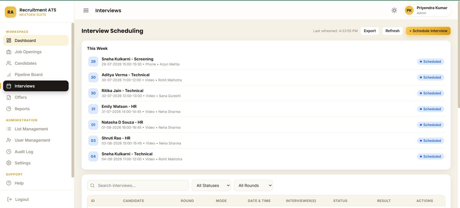 Interview scheduling page in Recruitment Applicant Tracking System Web App