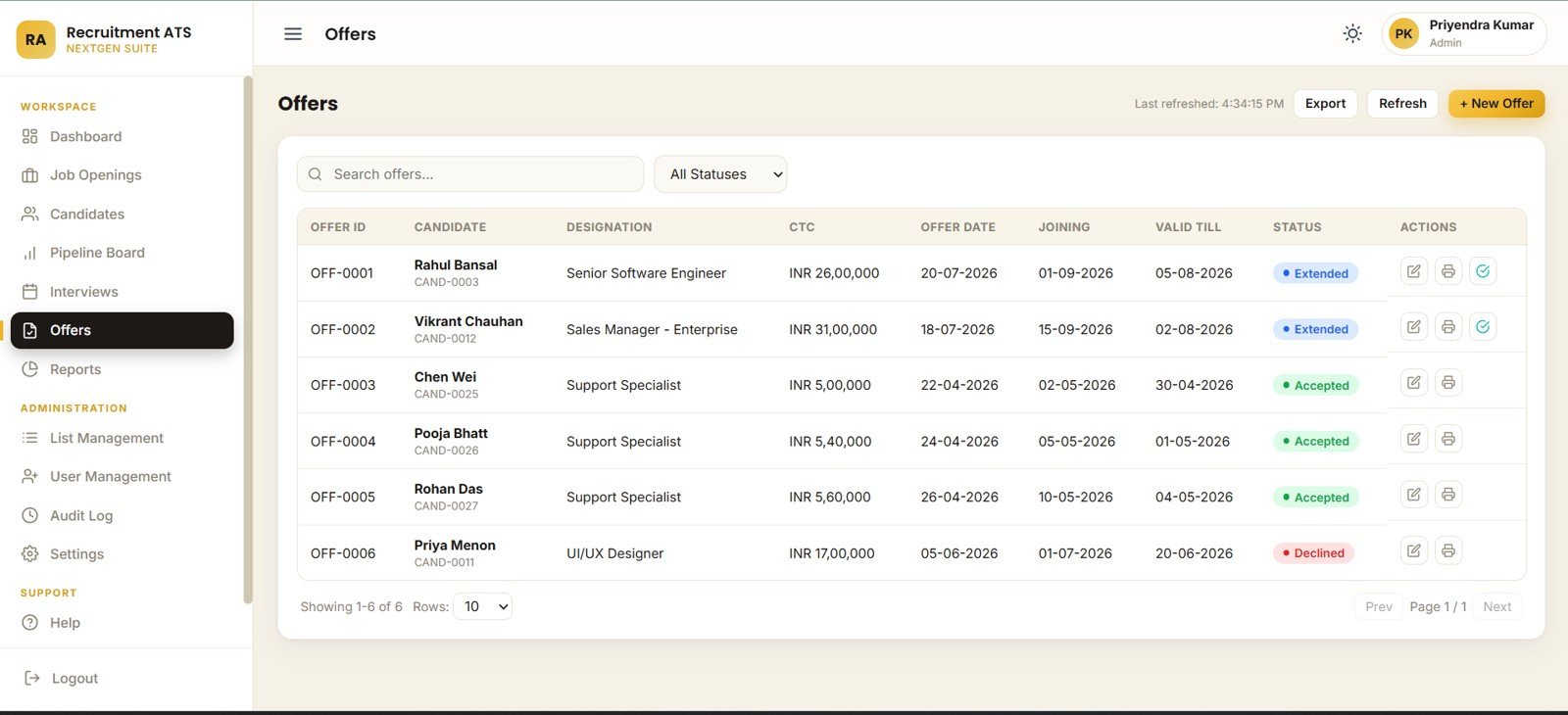 Offers page in Recruitment Applicant Tracking System Web App