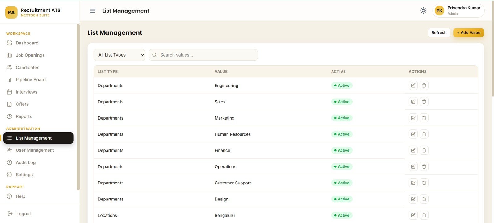 List management page in Recruitment Applicant Tracking System Web App
