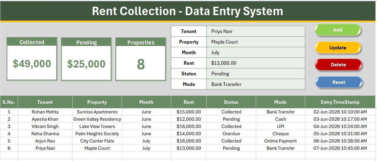 Rent Collection Data Entry System in Excel