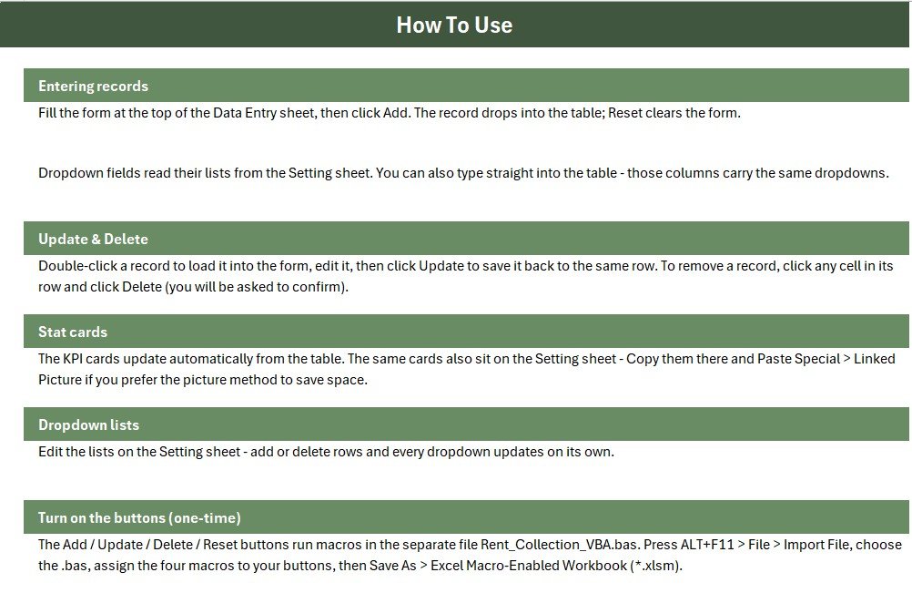 Rent Collection Data Entry System in Excel - Instructions Sheet