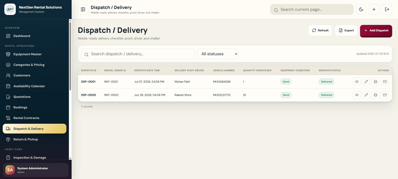 Dispatch Delivery page in Rental Equipment Management System Web App