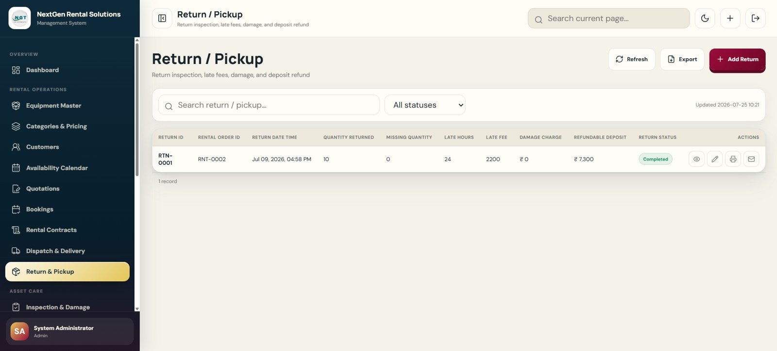 Return Pickup page in Rental Equipment Management System Web App