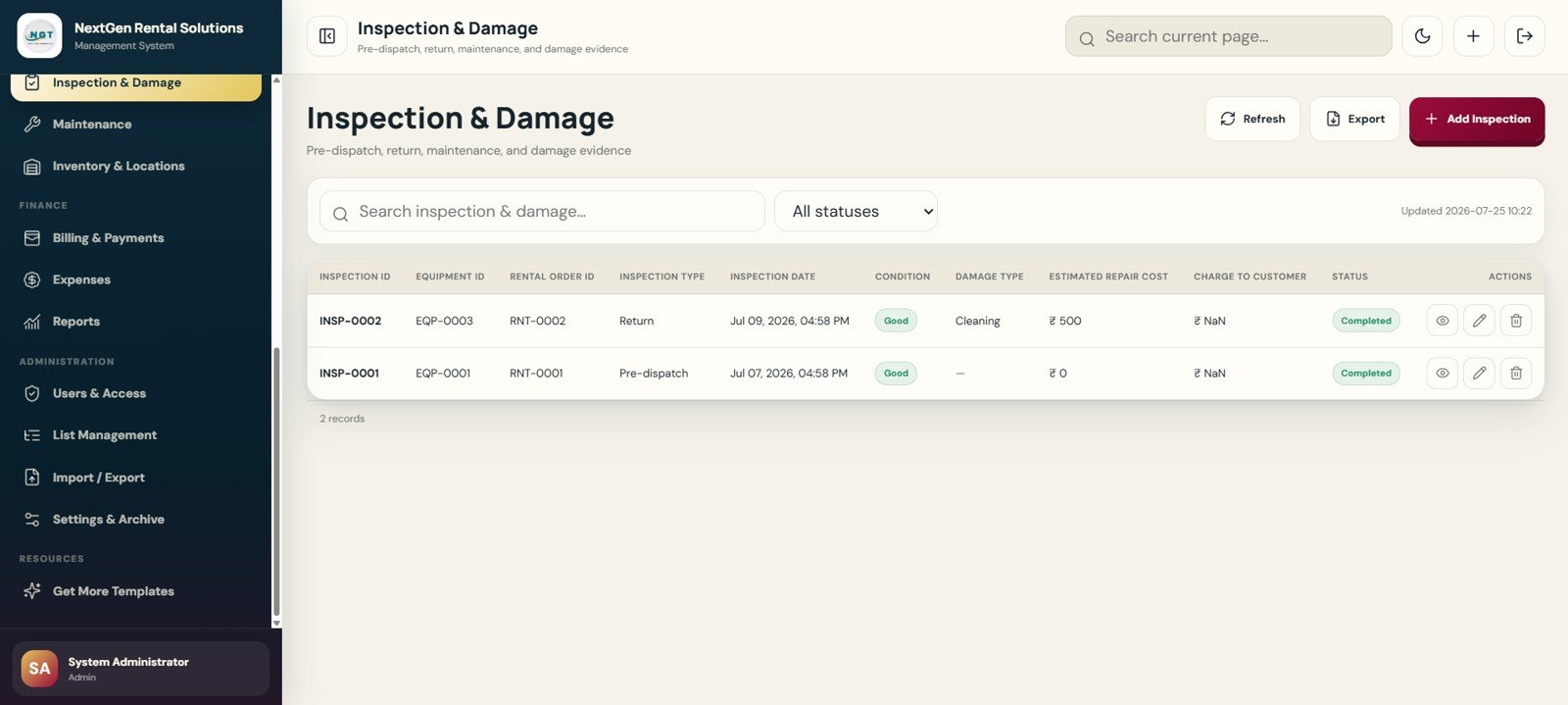 Inspection and Damage page in Rental Equipment Management System Web App