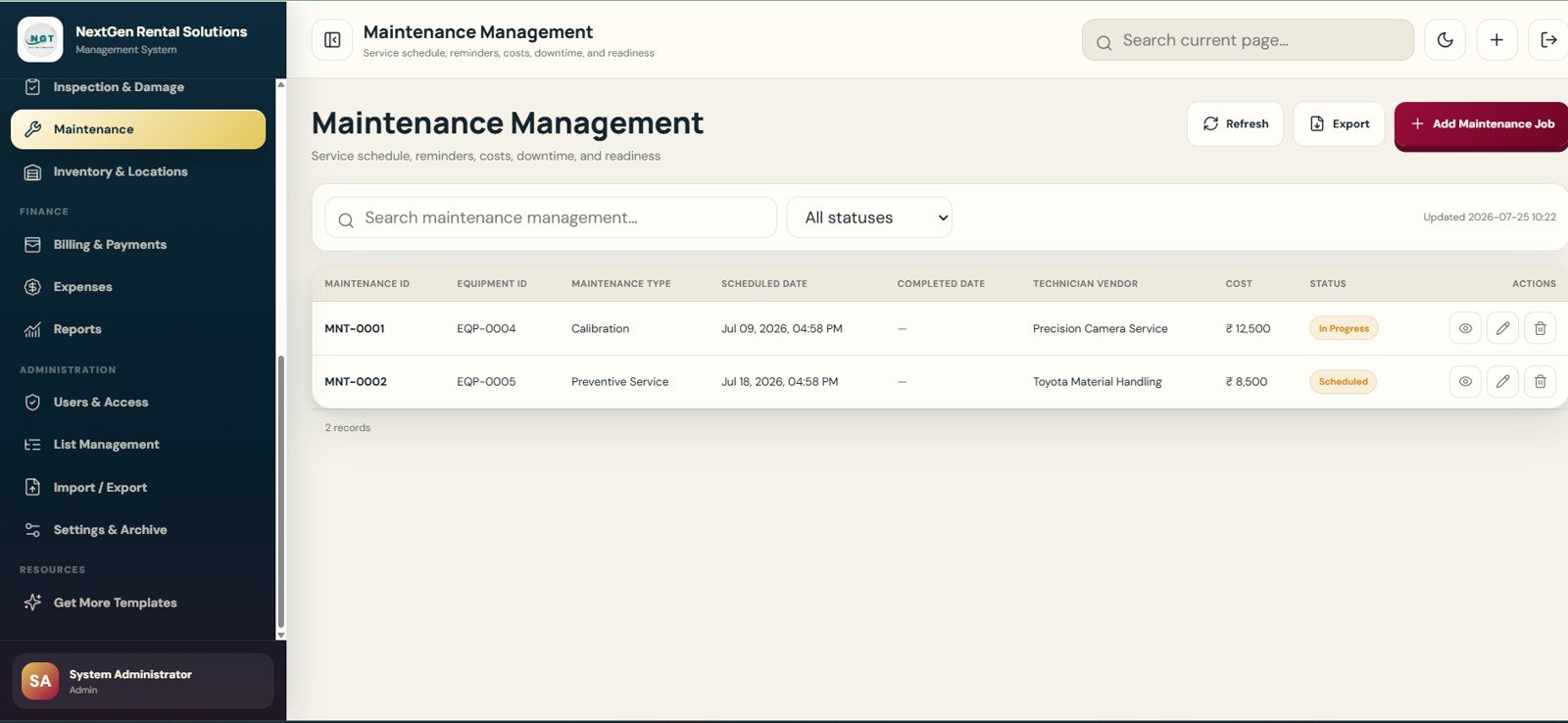 Maintenance Management page in Rental Equipment Management System Web App