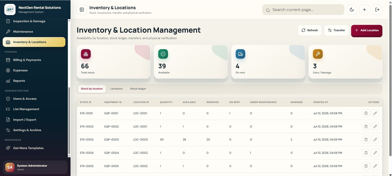 Inventory and Location Management page in Rental Equipment Management System Web App