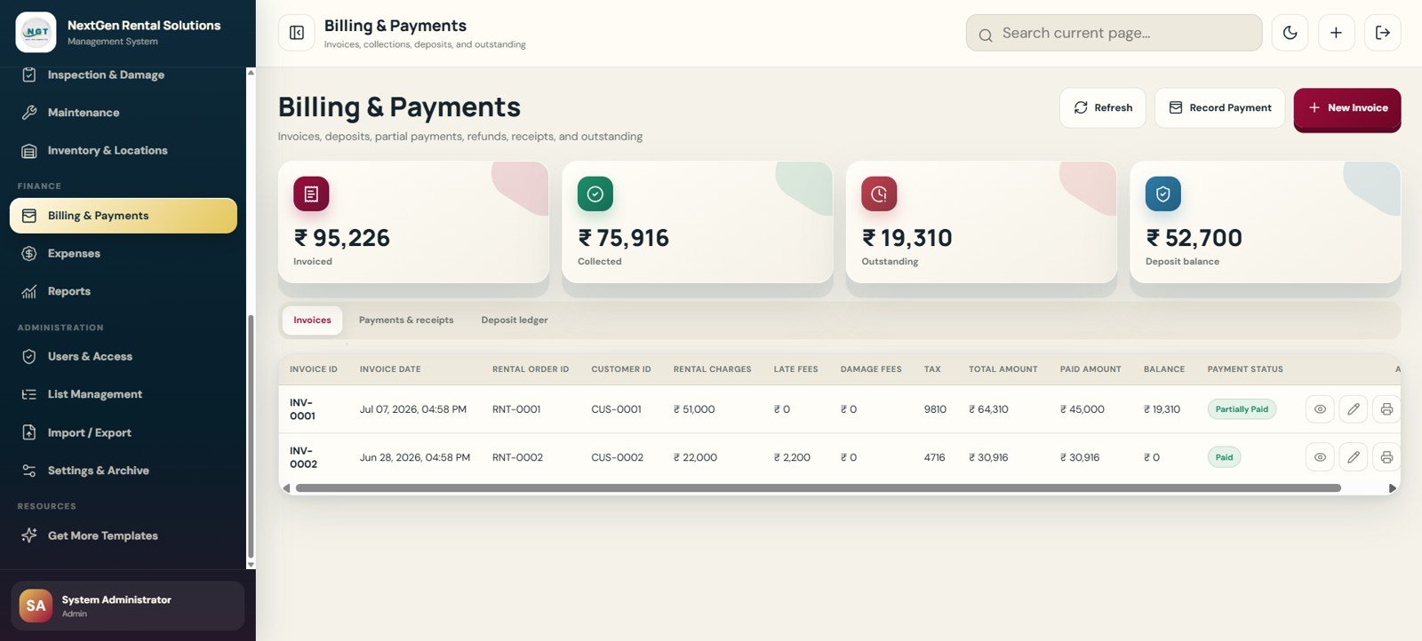 Billing Payments page in Rental Equipment Management System Web App