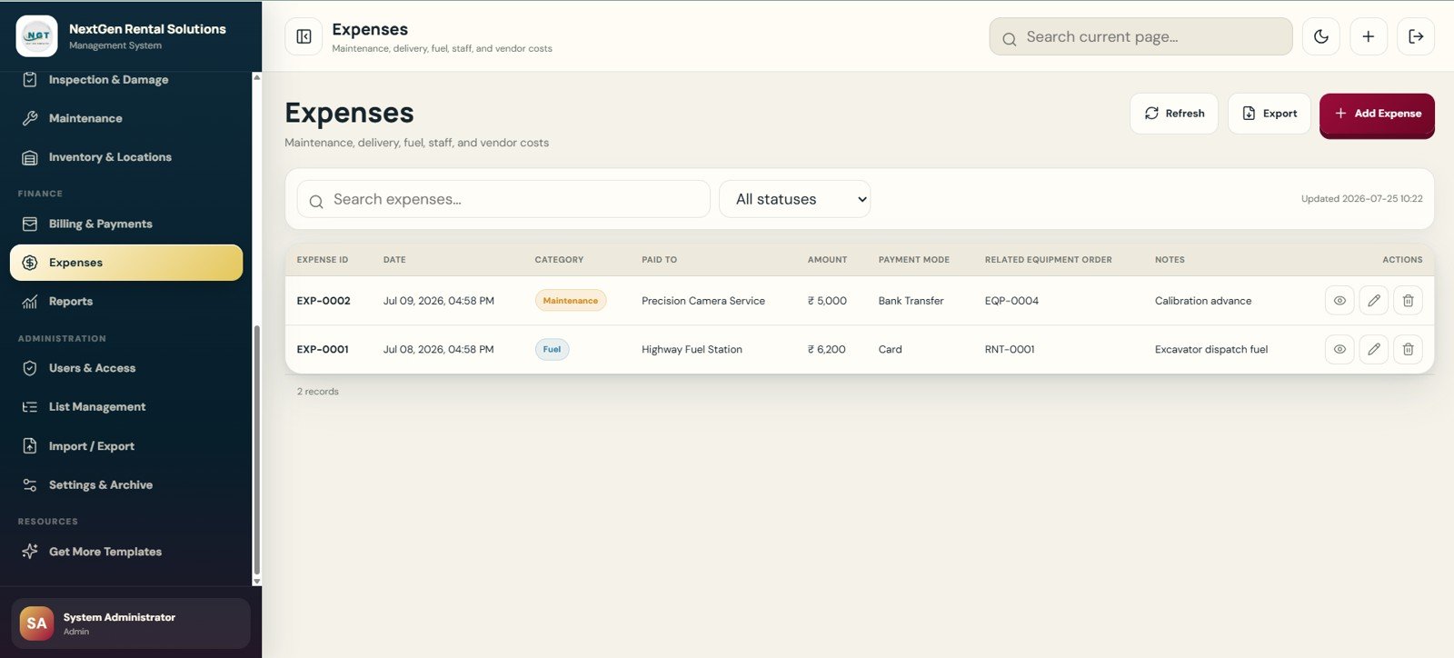 Expenses page in Rental Equipment Management System Web App