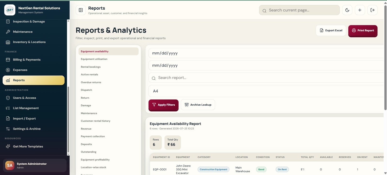 Reports and Analytics page in Rental Equipment Management System Web App