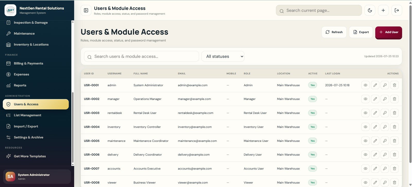 Users and Module Access page in Rental Equipment Management System Web App