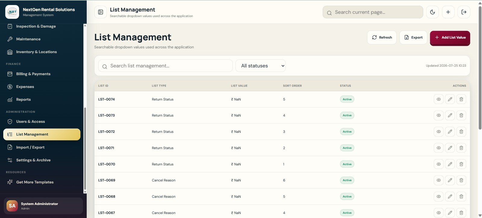List Management page in Rental Equipment Management System Web App