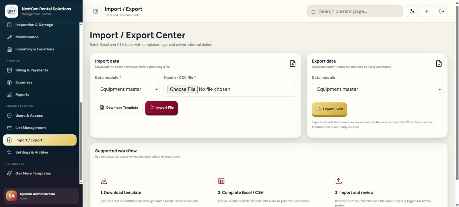 Import Export Center page in Rental Equipment Management System Web App