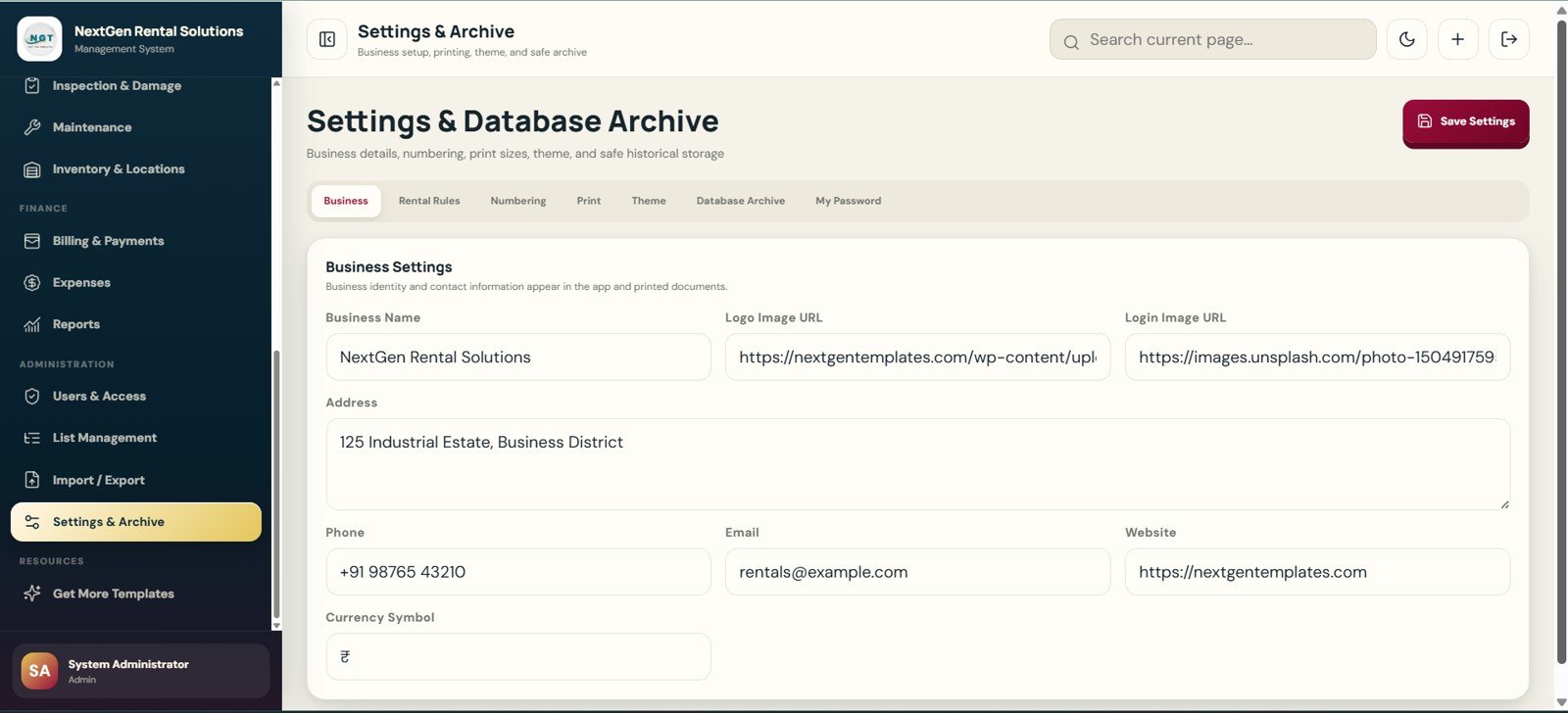 Settings and Database Archive page in Rental Equipment Management System Web App