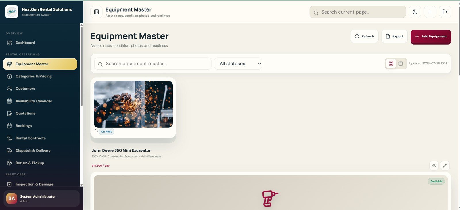 Equipment Master page in Rental Equipment Management System Web App