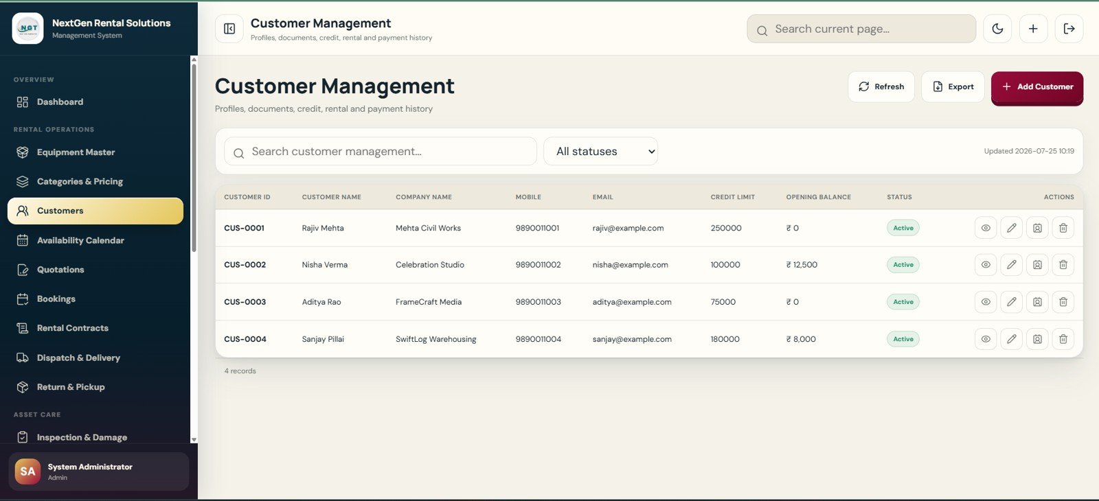 Customer Management page in Rental Equipment Management System Web App