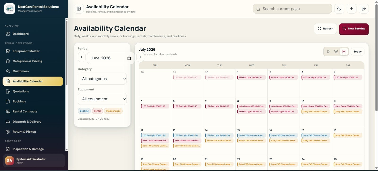 Availability Calendar page in Rental Equipment Management System Web App