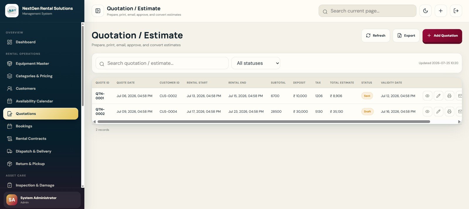 Quotation Estimate page in Rental Equipment Management System Web App