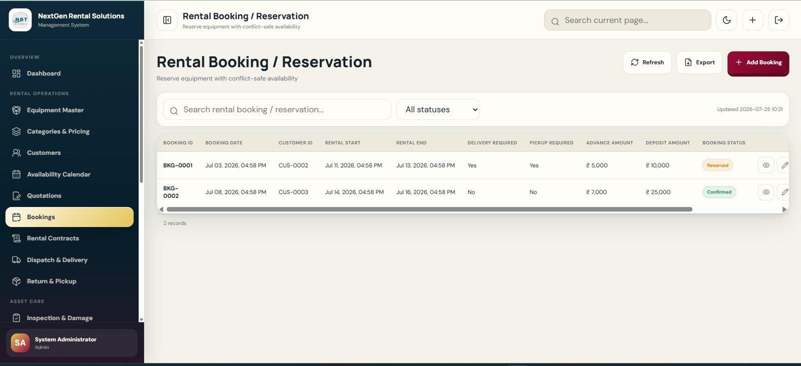 Rental Booking Reservation page in Rental Equipment Management System Web App