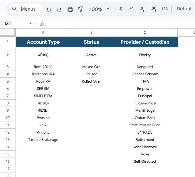 Reference Lists sheet for Retirement Savings Tracker in Google Sheets with account type status provider and custodian values