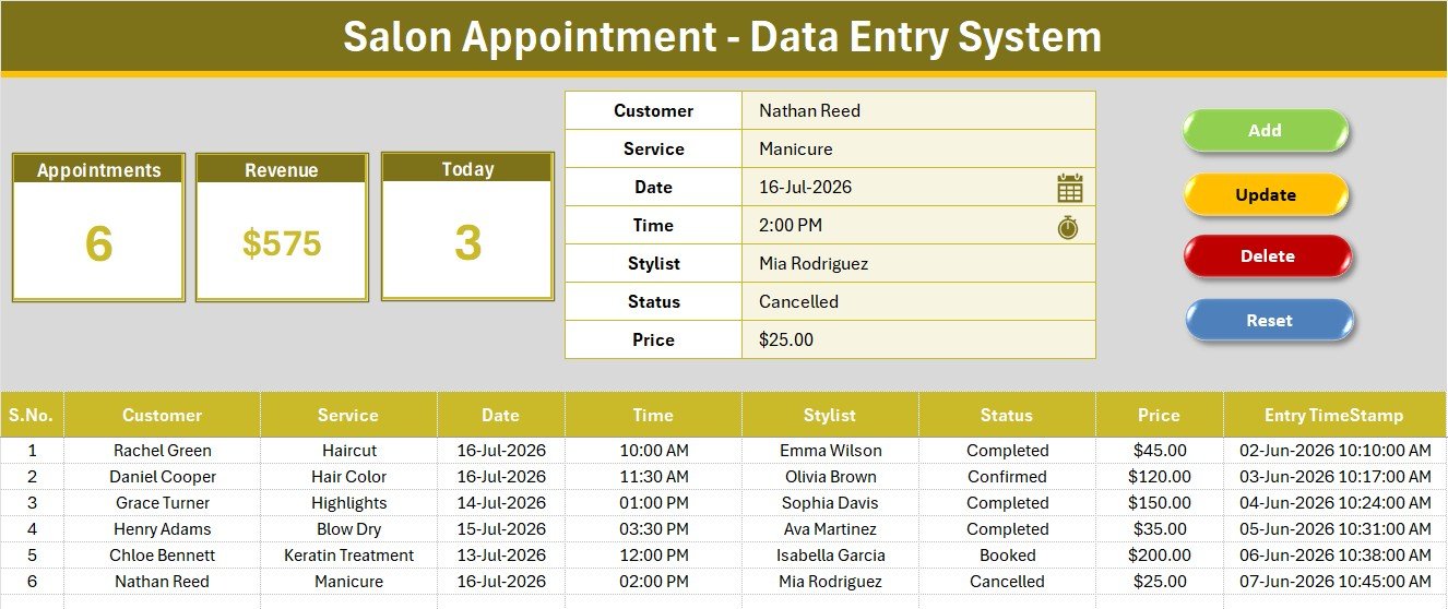 Salon Appointment Data Entry System in Excel
