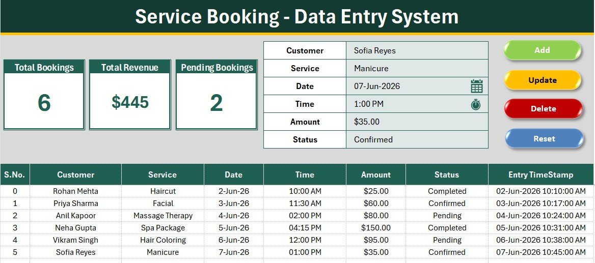 Service Booking Data Entry System in Excel
