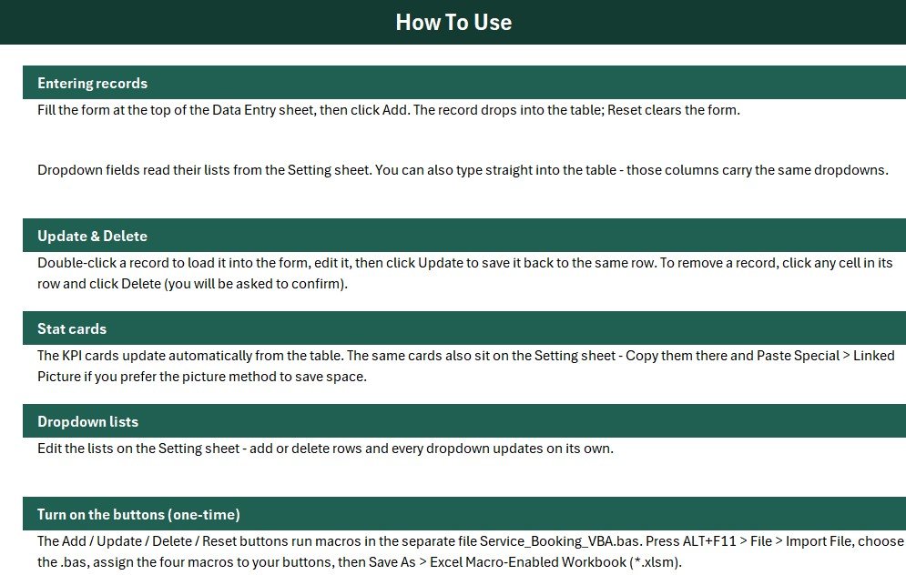 Service Booking Data Entry System in Excel - Setting sheet with dropdown lists