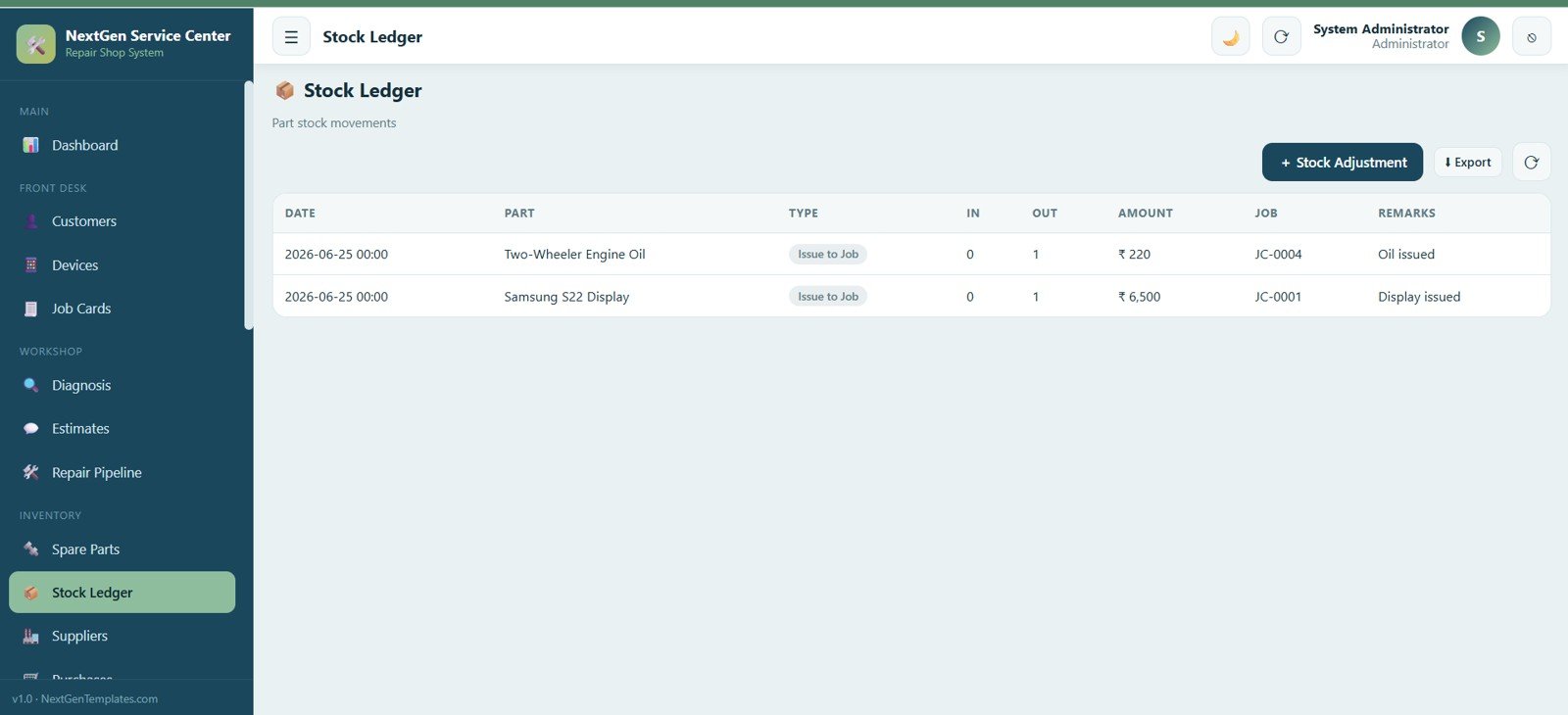 Service Center and Repair Shop Management System Web App - Stock Ledger