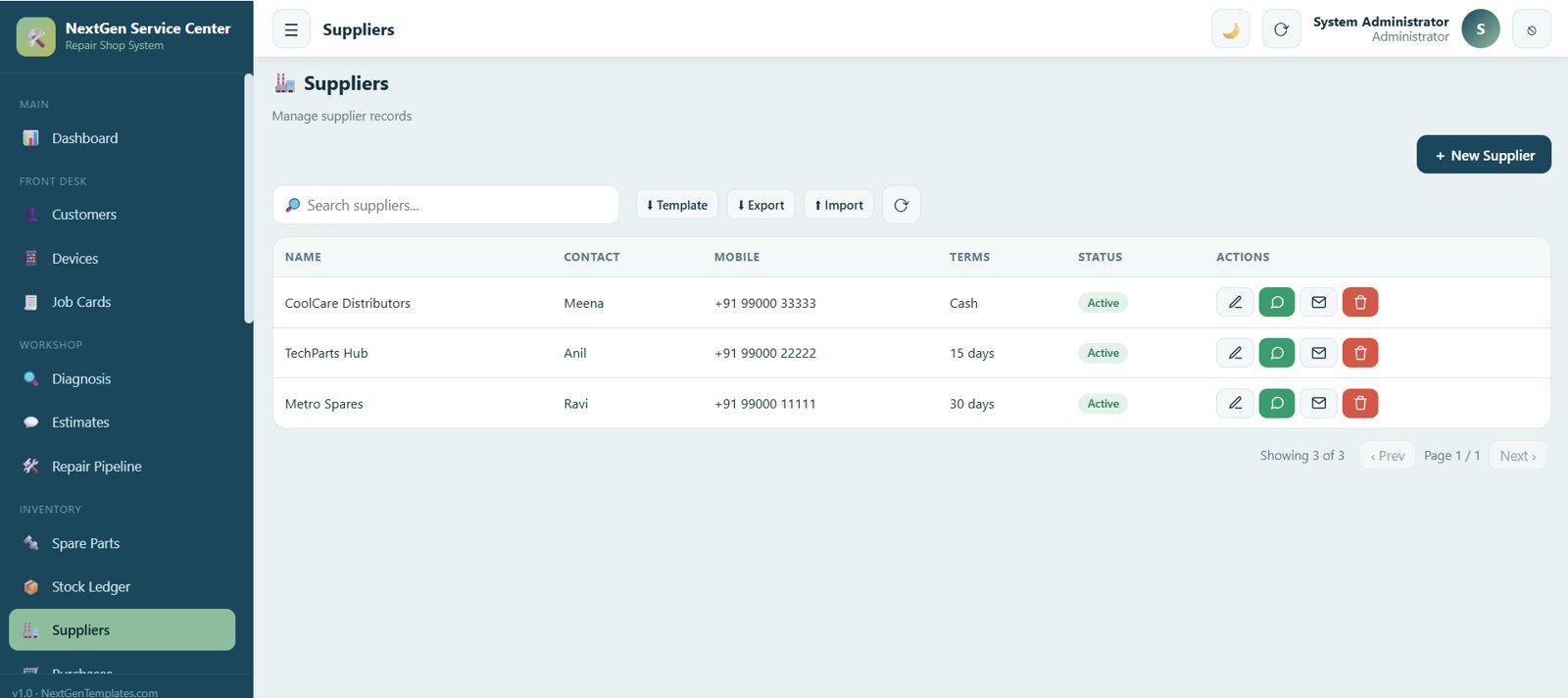 Service Center and Repair Shop Management System Web App - Suppliers