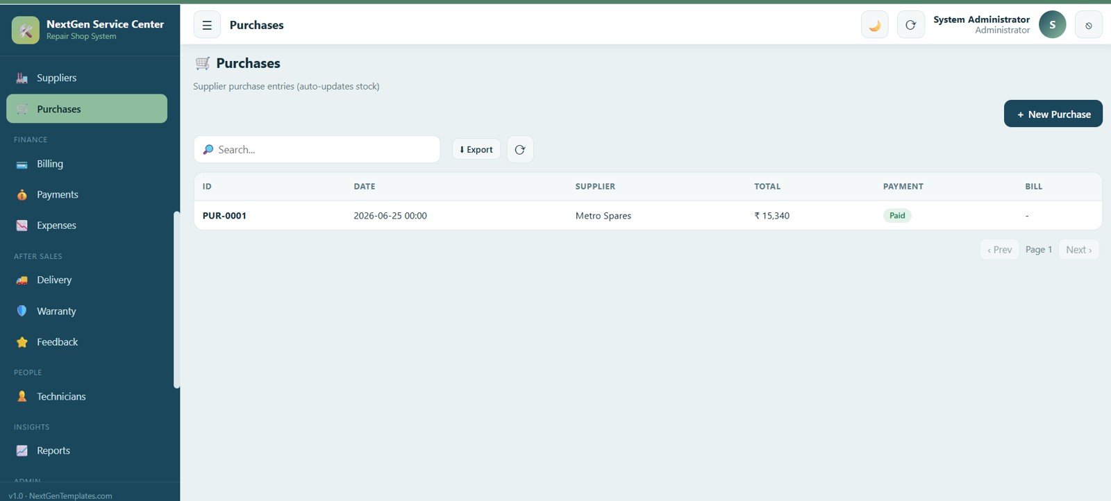 Service Center and Repair Shop Management System Web App - Purchases