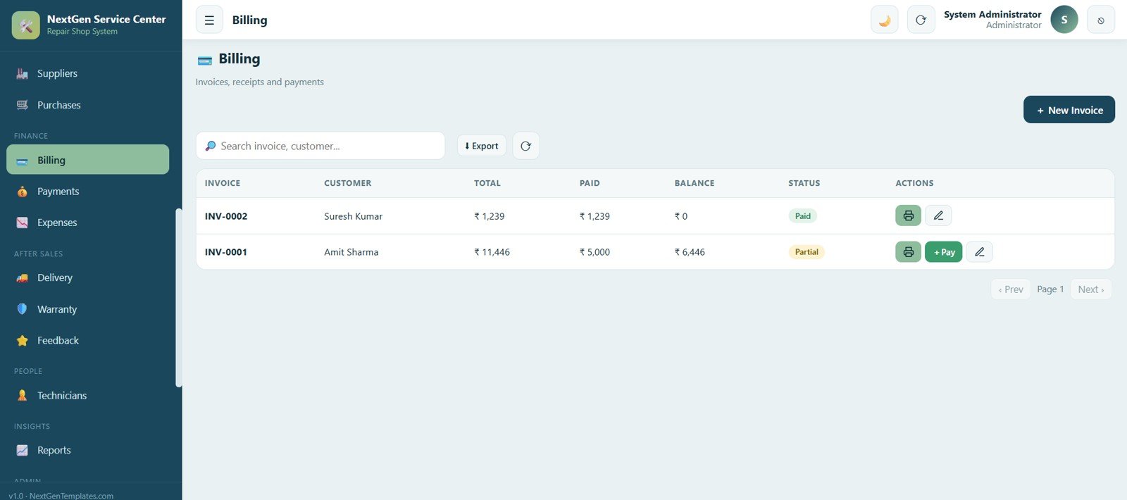 Service Center and Repair Shop Management System Web App - Billing