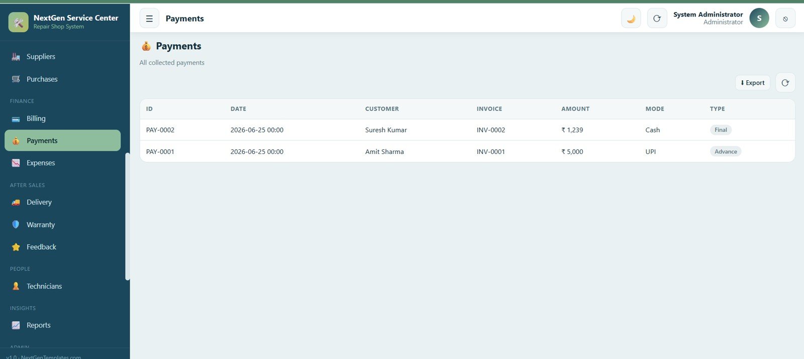 Service Center and Repair Shop Management System Web App - Payments